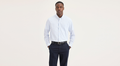 View of model wearing Lucent White Signature Stain Defender Shirt, Classic Fit.