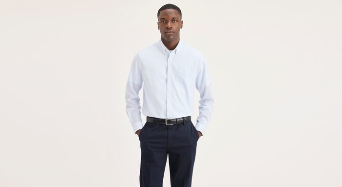 View of model wearing Lucent White Signature Stain Defender Shirt, Classic Fit.