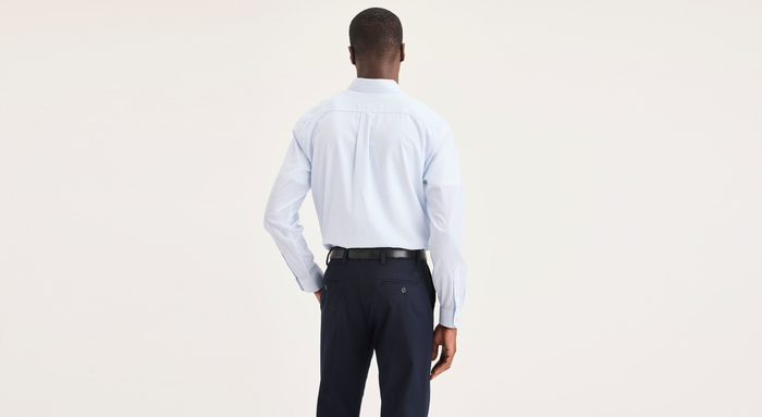 View of model wearing Lucent White Signature Stain Defender Shirt, Classic Fit.