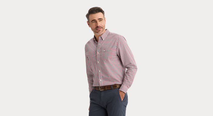 View of model wearing Rio Red Signature Stain Defender Shirt, Classic Fit.
