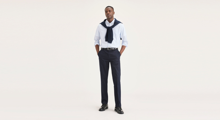 View of model wearing Lucent White Signature Stain Defender Shirt, Classic Fit.