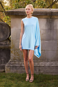 Sky Blue Asymmetric Mini Dress with dramatic cape detail