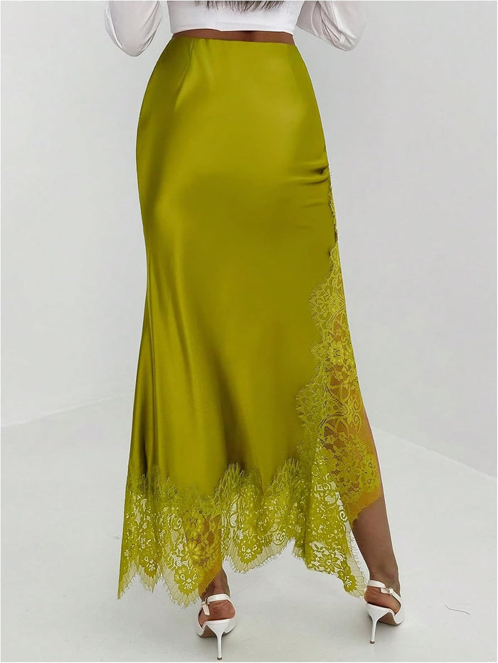 SOLY HUX Women's Satin Lace Maxi Skirt Low Rise Fishtail Long Skirts