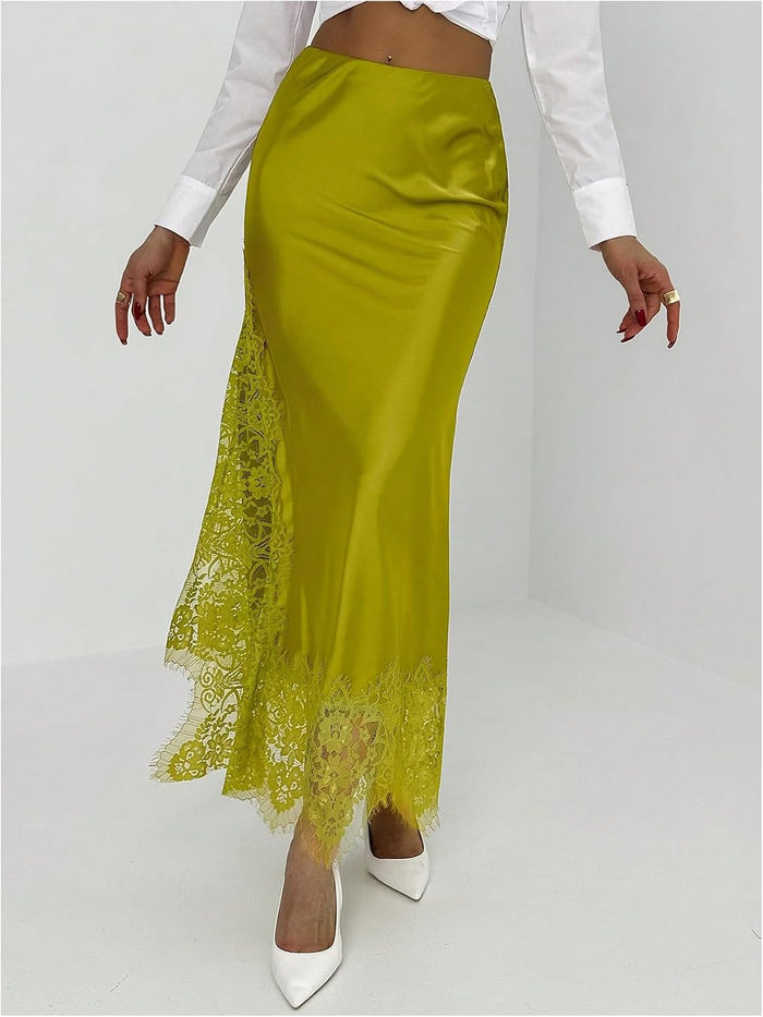 SOLY HUX Women's Satin Lace Maxi Skirt Low Rise Fishtail Long Skirts