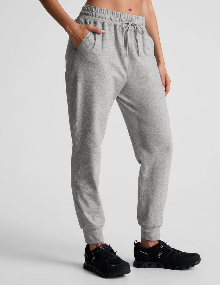 Slim fit grey Spacedye Commuter Midi Jogger featuring an elastic drawstring waistband, side pockets, and banded cuffs.