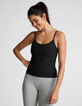 black midway length tank top with adjustable spaghetti straps.