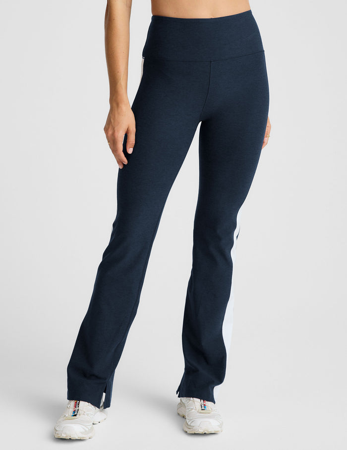 Spacedye Gemini Colorblock Side Slit Pant in navy with white side panels, wide waistband, and bootcut leg with ankle slits.