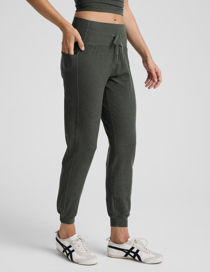 Spacedye Go Pocket Jogger in olive featuring a high waistband with drawstring, side pockets, and cuffed ankles.