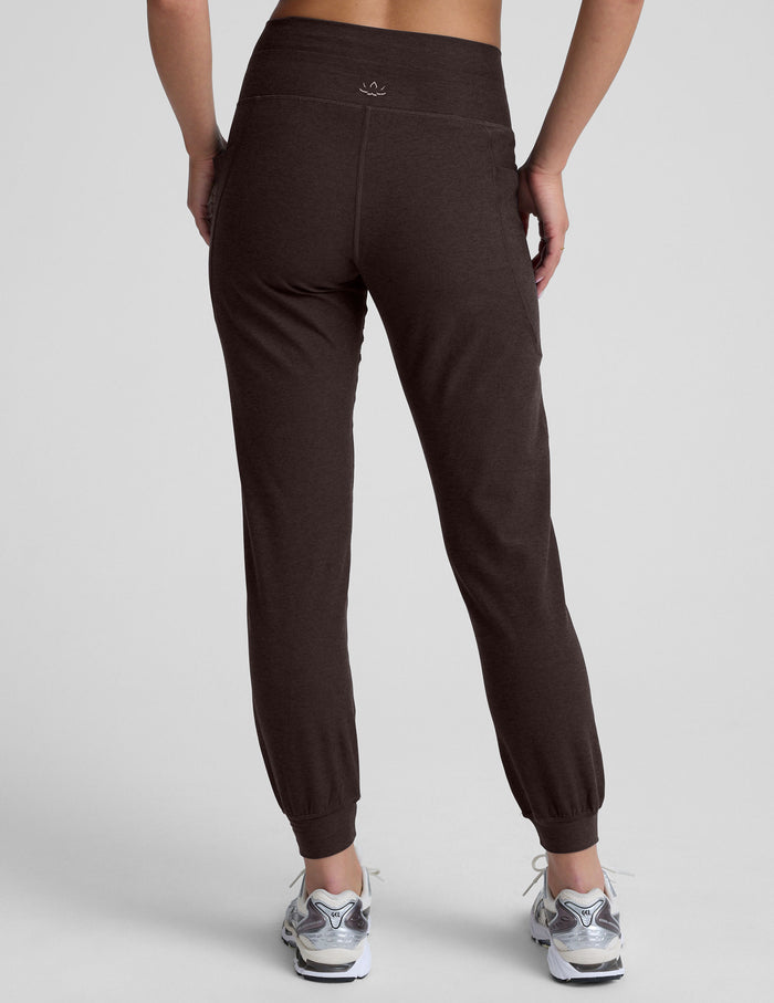 Back view of brown Spacedye Go Pocket Joggers with a high waistband, side pockets, and tapered legs with cuffed hems.