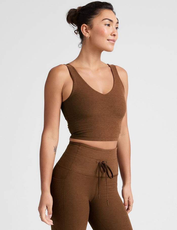 brown cropped tank top with a front and back v neckline.