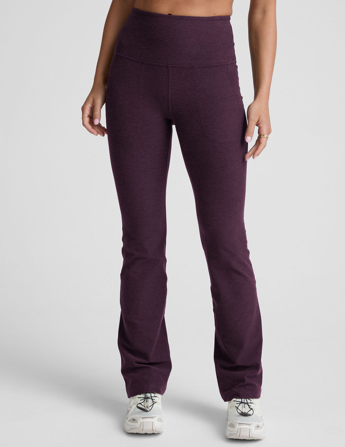 Purple Spacedye High Waisted Practice Pocket Bootcut Pant featuring a snug fit and flared hem shown on a model.