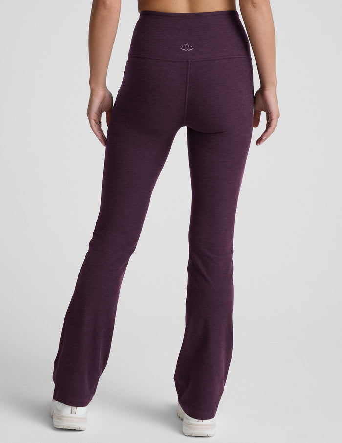 Back view of purple Spacedye High Waisted Practice Pocket Bootcut Pant featuring a high waistband and flared legs.