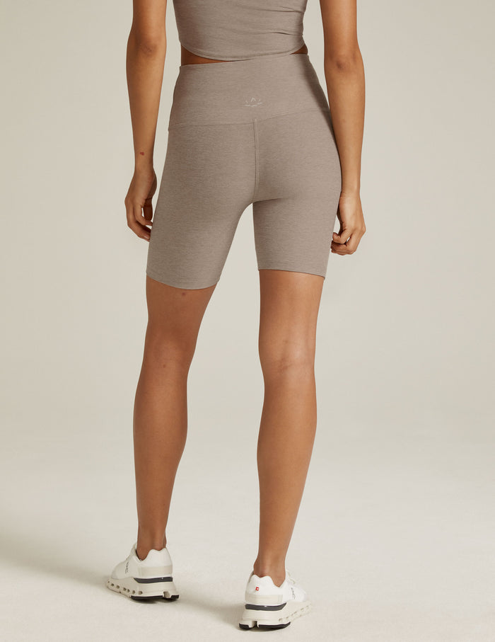 Back view of Spacedye High Waisted 7" Biker Short in marled Birch Heather brown, featuring a high-rise fit and mid-thigh length.