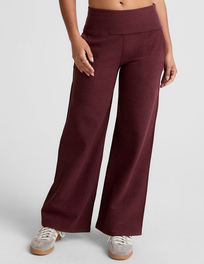 Maroon Spacedye Laid Back Wide Leg Pant featuring a high waistband, relaxed fit, and side pockets on a standing model.