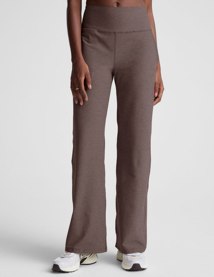 Brown Spacedye Laid Back Wide Leg Pant with a high waistband and relaxed fit, shown on a model wearing white sneakers.