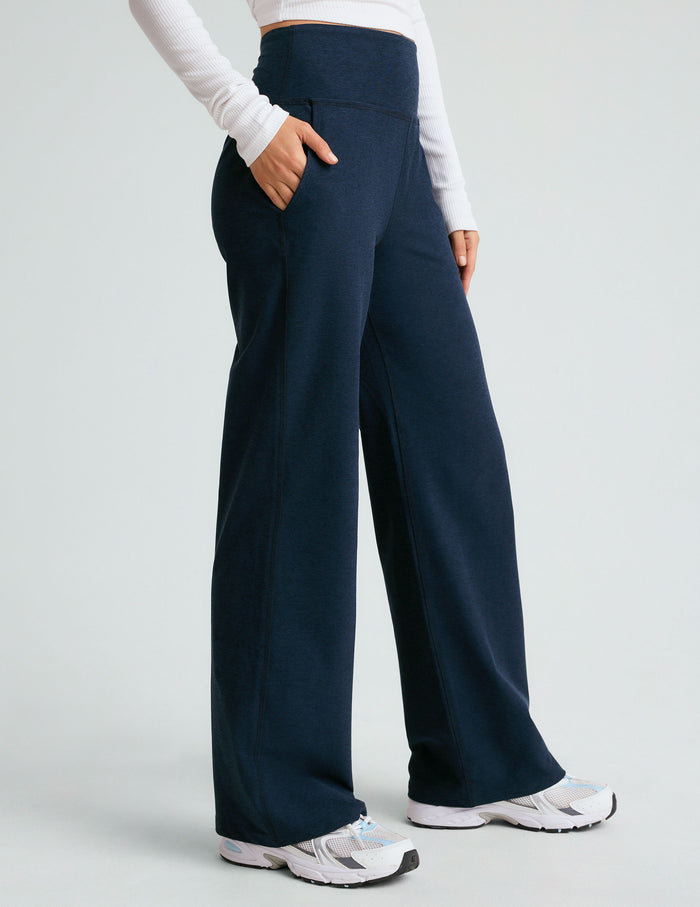 Navy Spacedye Laid Back Wide Leg Pant with a high waistband and side pockets, shown in a relaxed fit on a model.