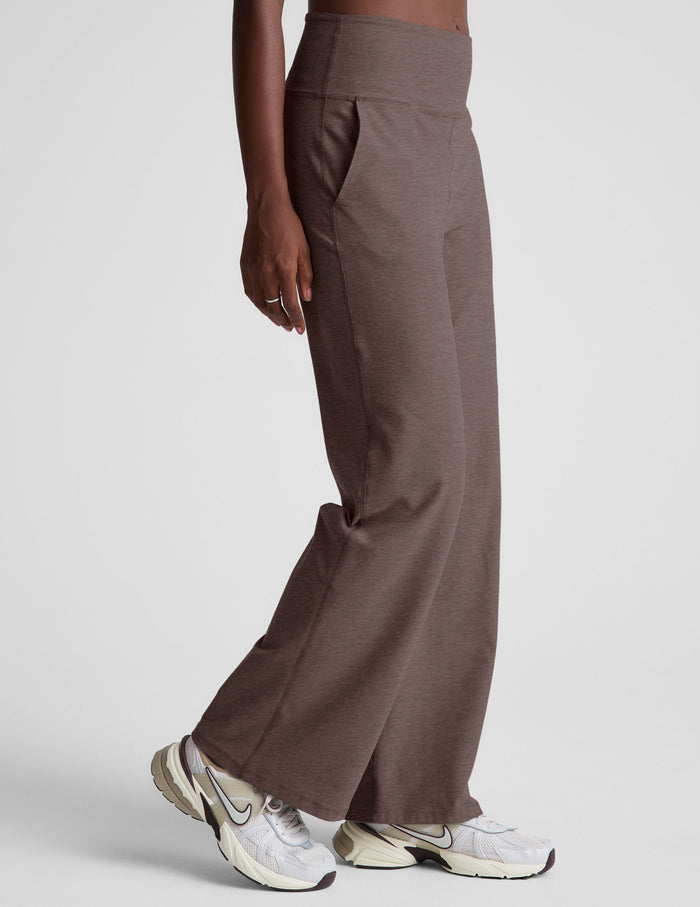 Side view of brown Spacedye Laid Back Wide Leg Pant with high waistband, side pocket, and relaxed wide leg fit.