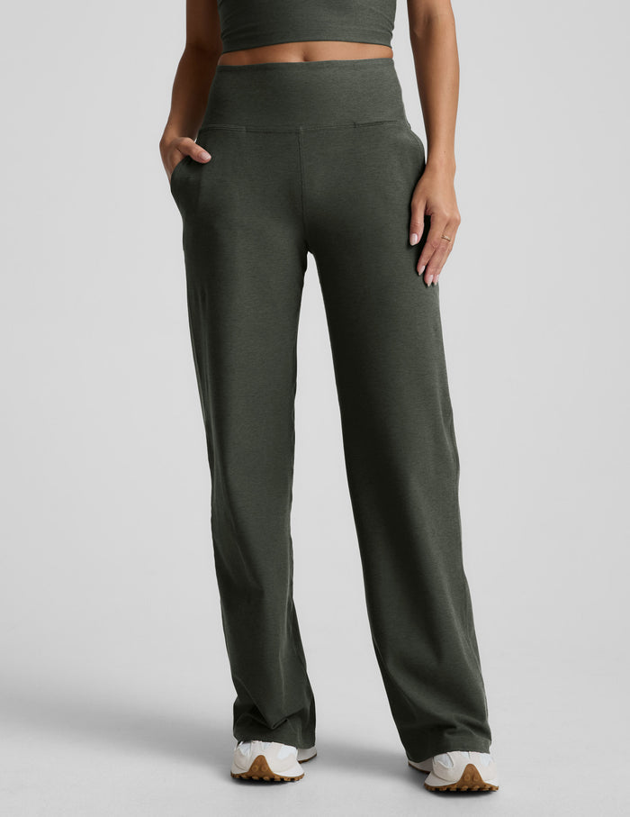 Spacedye Laid Back Wide Leg Pant in olive green with a high waistband, side pockets, and relaxed silhouette.