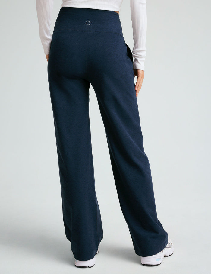 Rear view of navy Spacedye Laid Back Wide Leg Pant with a high waistband, marled texture, and relaxed, wide-leg silhouette.