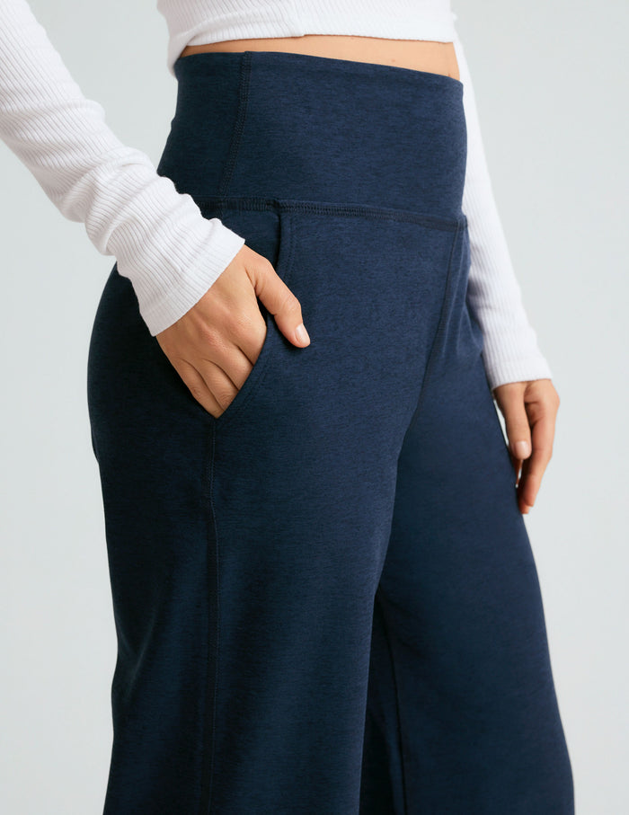 Navy Spacedye Laid Back Wide Leg Pant with a high waistband and side pockets; close-up shows a hand in the pocket.