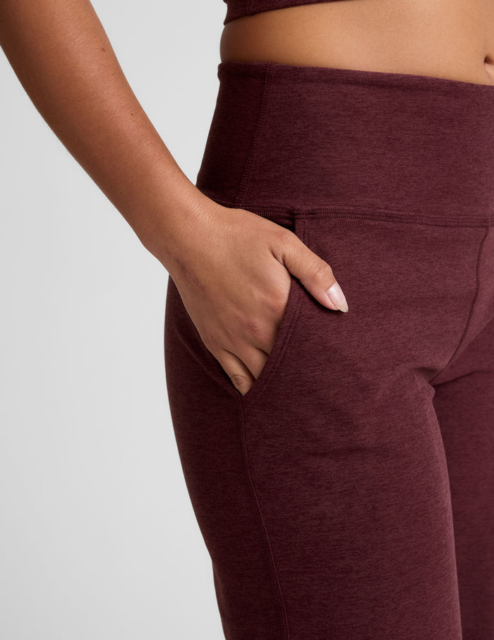 Maroon Spacedye Laid Back Wide Leg Pant with a hand in the slanted side pocket and high waistband visible.
