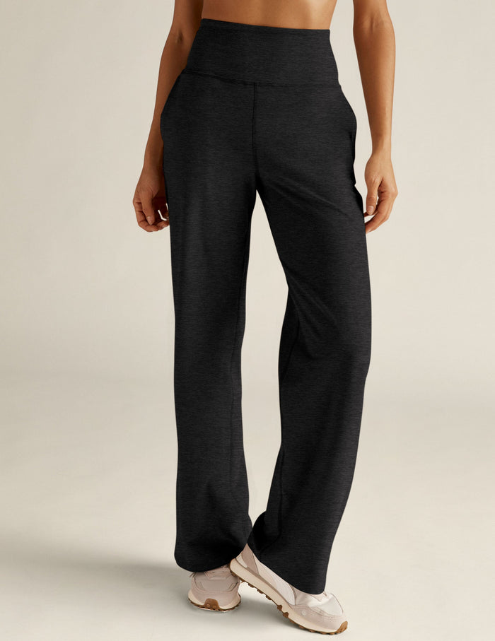 Spacedye Laid Back Pant: Women's high-waisted, wide-leg pants in black marled fabric with slant pockets and a relaxed fit.