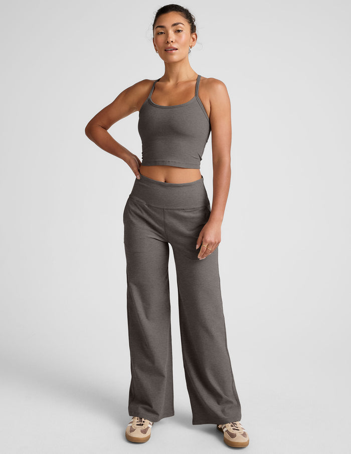 Model wearing charcoal gray Spacedye Laid Back Wide Leg Pants with a matching tank top and sneakers on a white background.