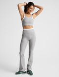 Gray marled Spacedye Layered Bootcut Pant on a model, featuring a white double-layer waistband and a flared bootcut leg.