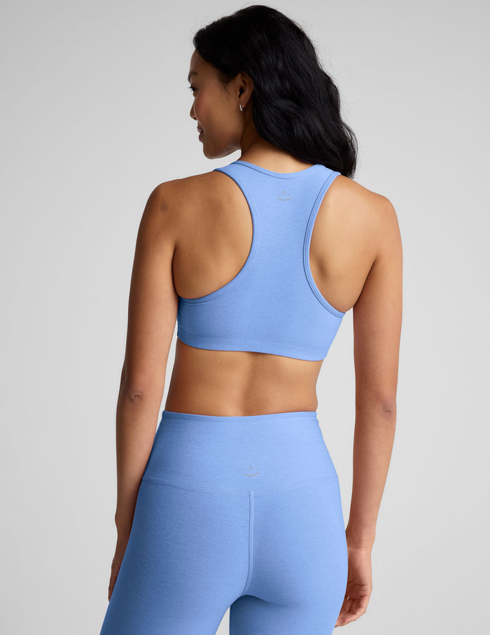 blue racerback bra with removable pads.