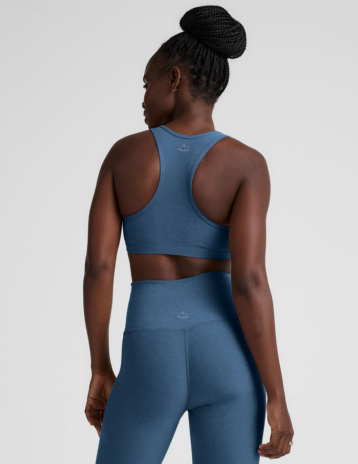 blue v-neck racerback bra with remove-able pads.
