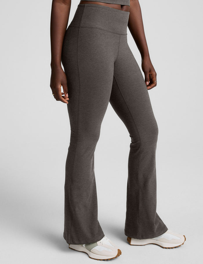 Spacedye Mid-Rise Bootcut Pant in marled dark gray, featuring a snug fit through the hip and a flared leg on a model.