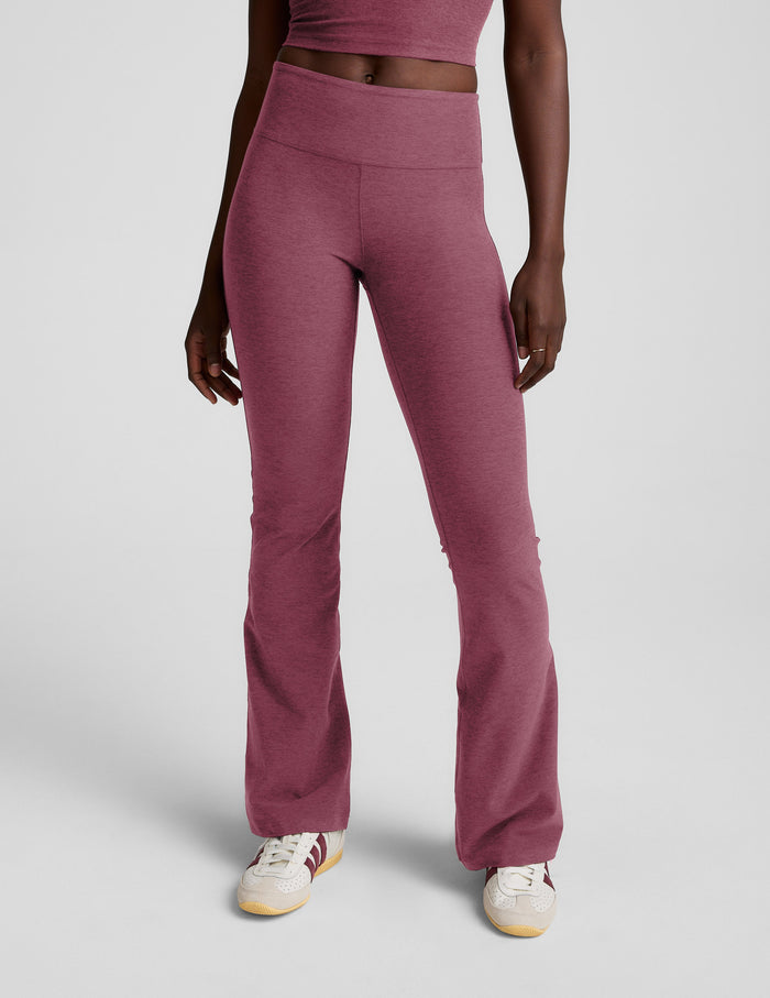 Spacedye Mid-Rise Bootcut Pant in a heathered maroon blush, featuring a wide waistband and flared leg silhouette.