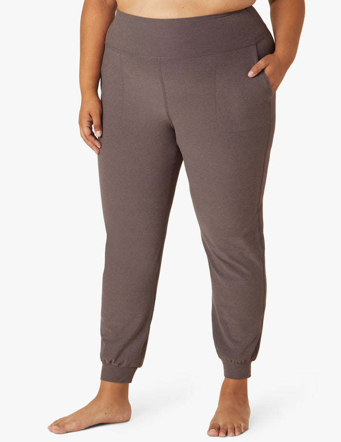 Slim-fit brown Spacedye Midi Jogger featuring a wide waistband, slant pockets, and banded cuffs at the ankles.