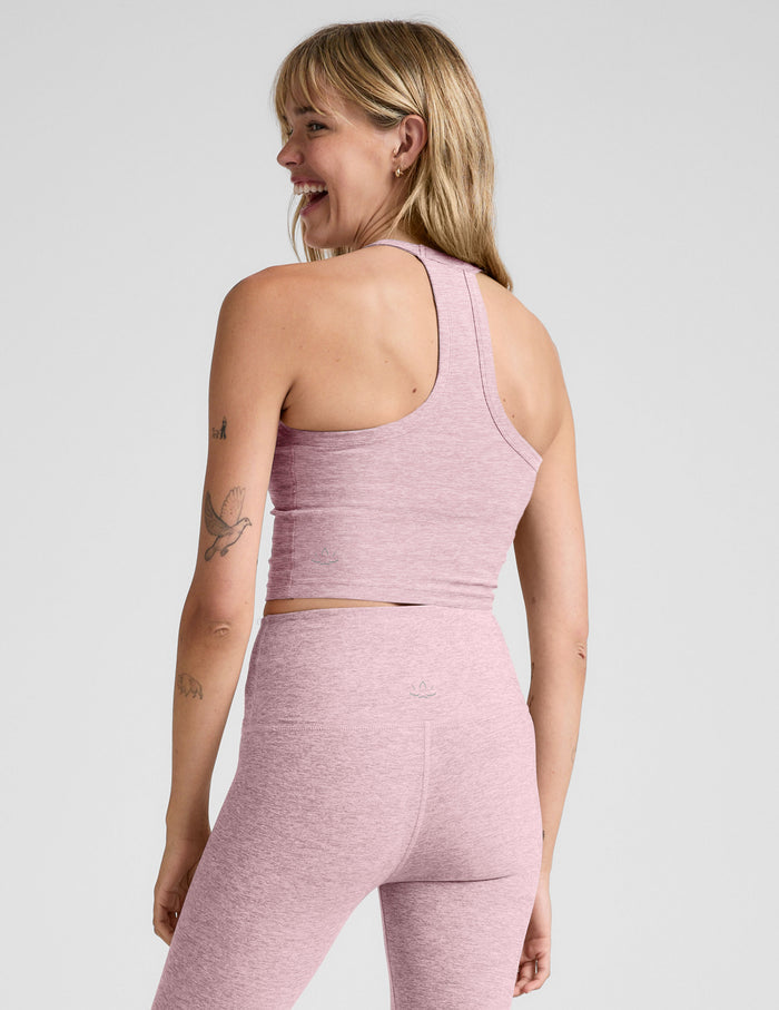 pink v-neck cropped tank top with a high racerback.