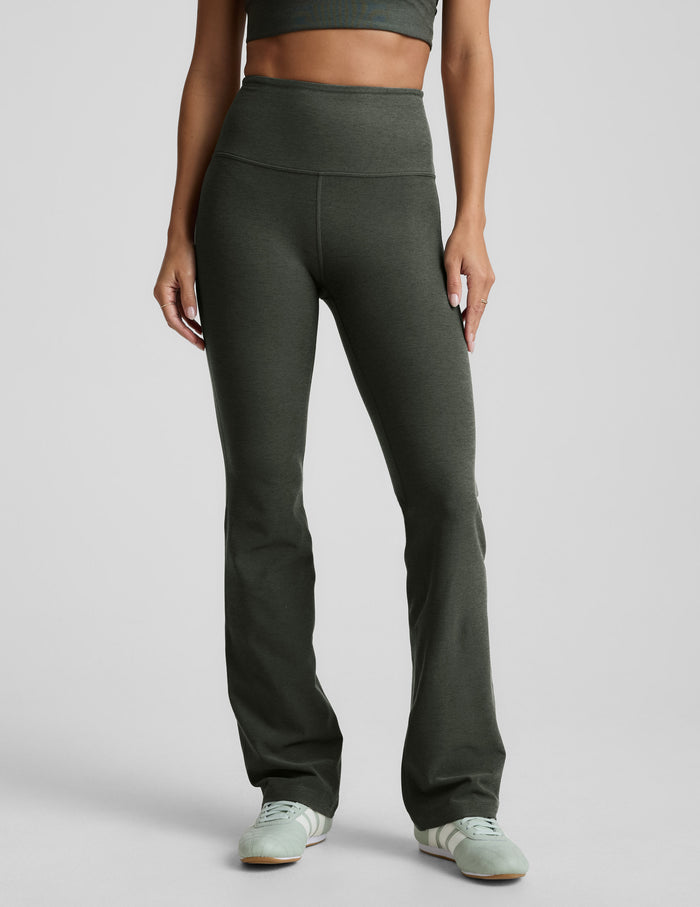 Spacedye Practice High Waisted Bootcut Pant in olive green, featuring a wide waistband and flared leg fit on a model.