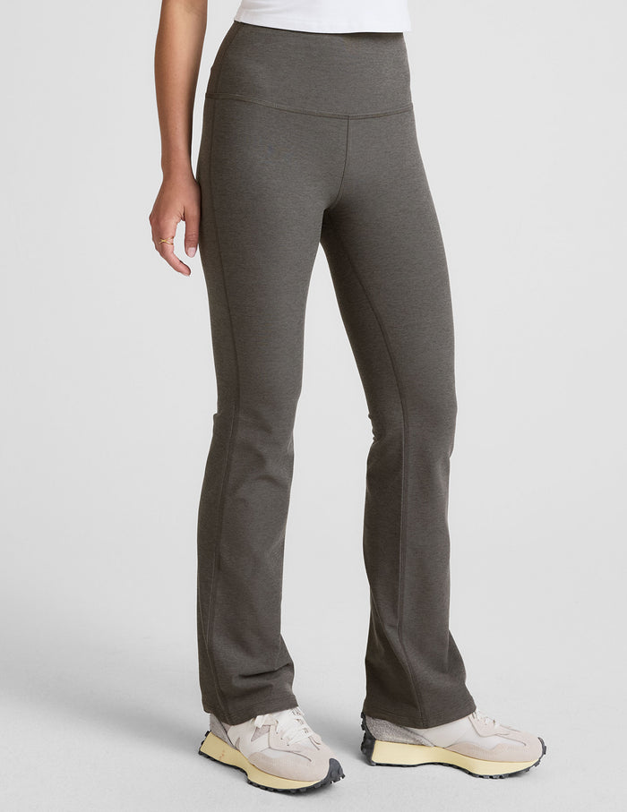Dark gray Spacedye Practice High Waisted Bootcut Pant featuring a wide waistband, fitted legs, and flared bootcut opening.