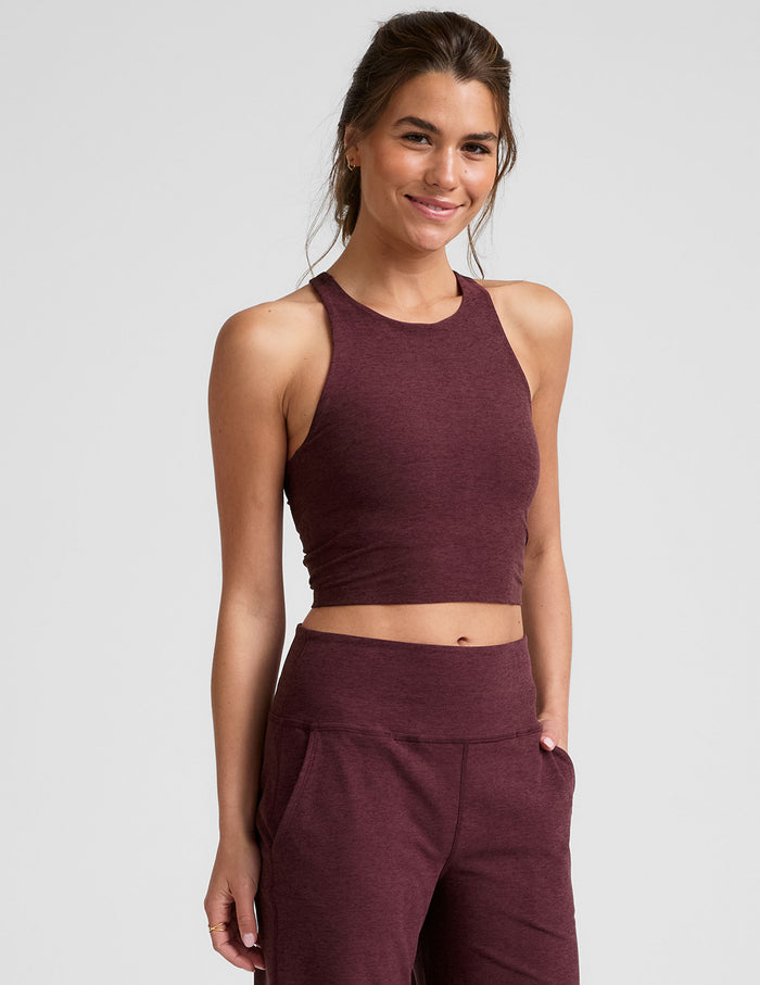red high-neck racerback cropped tank top.