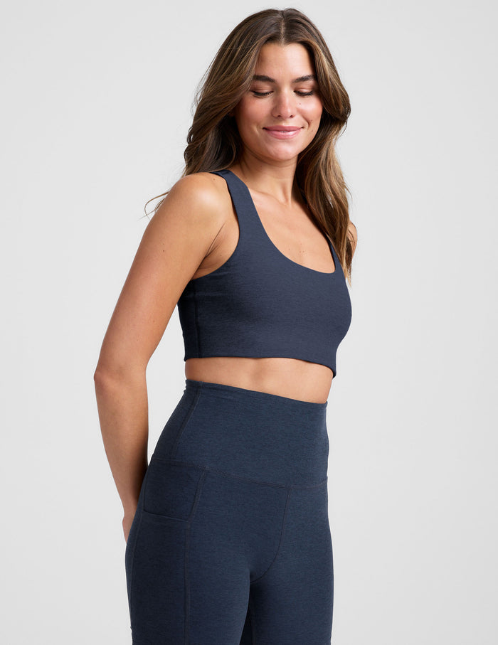 blue long line racerback bra.