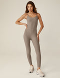 brown slim strapped midi jumpsuit.