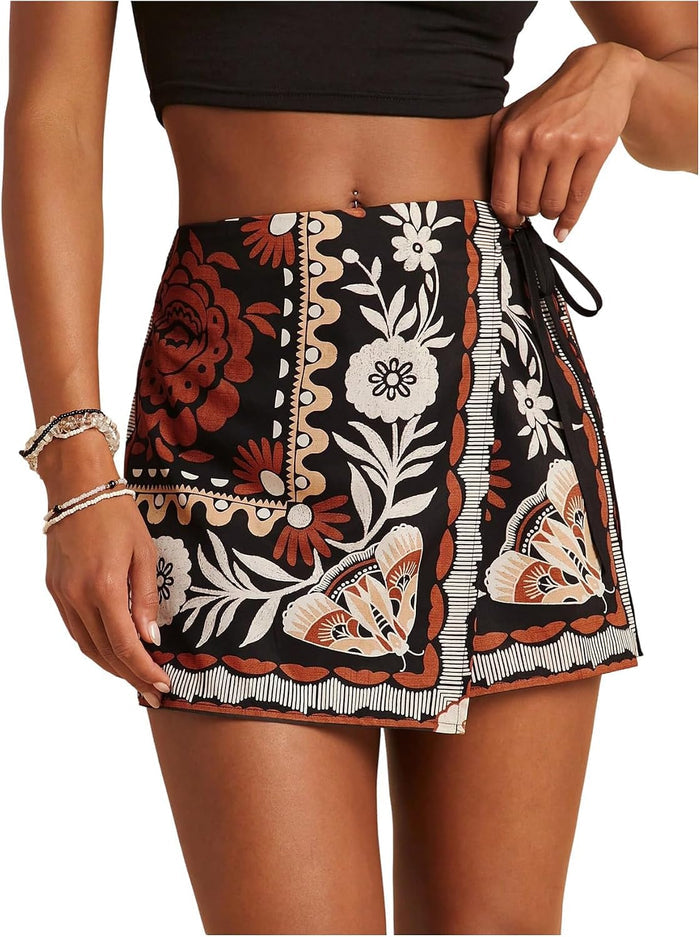 SweatyRocks Women's Boho Mini Skirts Floral Shorts Tie Side Wrap Skorts