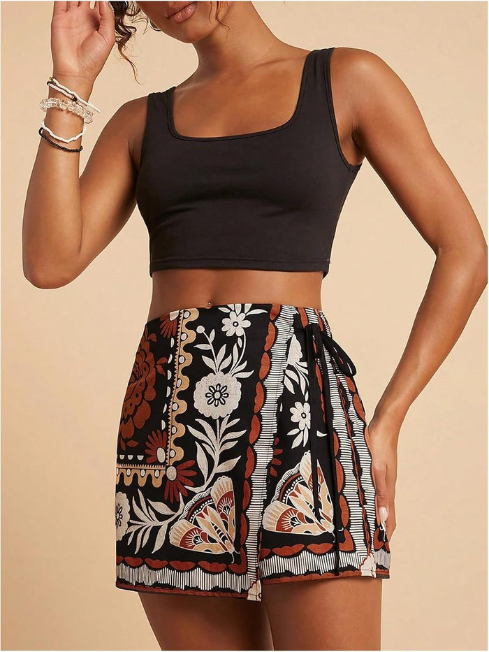SweatyRocks Women's Boho Mini Skirts Floral Shorts Tie Side Wrap Skorts