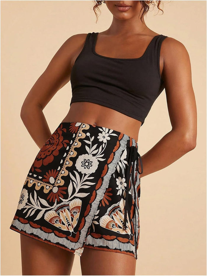 SweatyRocks Women's Boho Mini Skirts Floral Shorts Tie Side Wrap Skorts