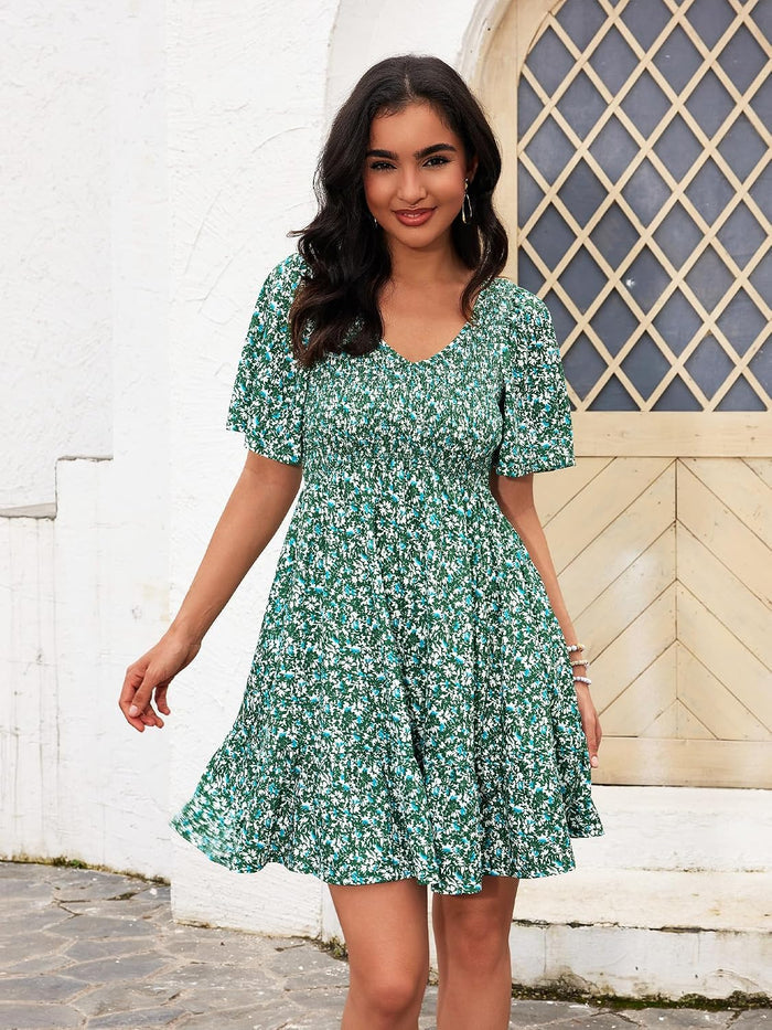 UEAL Womens Floral Smocked V Neck Casual Summer Sun Dresses