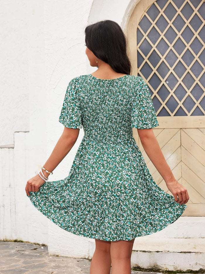 UEAL Womens Floral Smocked V Neck Casual Summer Sun Dresses
