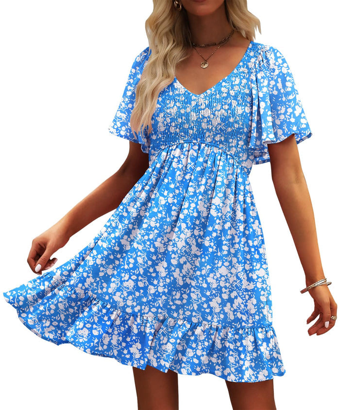 UEAL Womens Floral Smocked V Neck Casual Summer Sun Dresses