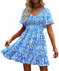 UEAL Womens Floral Smocked V Neck Casual Summer Sun Dresses
