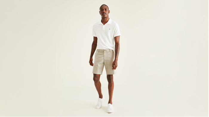 View of model wearing Porcelain Khaki Ultimate 9.5" Shorts (Big and Tall).