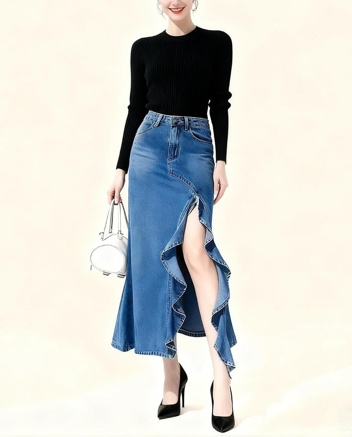 utcoco Women's Sexy Slit Denim Skirt Elegant Ruffle Fishtail Skirt Stretch High Waist Jean Skirts