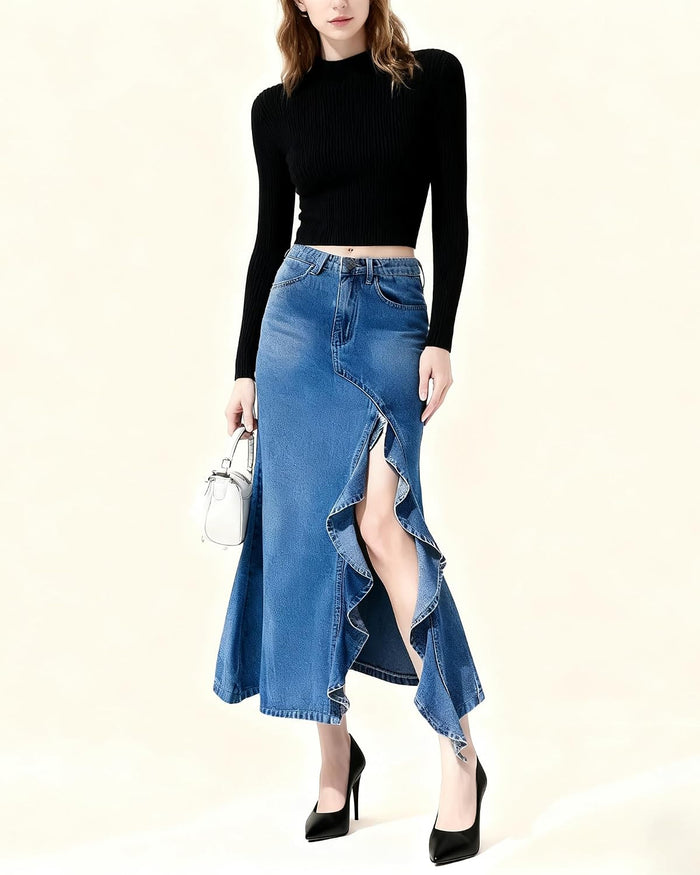 utcoco Women's Sexy Slit Denim Skirt Elegant Ruffle Fishtail Skirt Stretch High Waist Jean Skirts