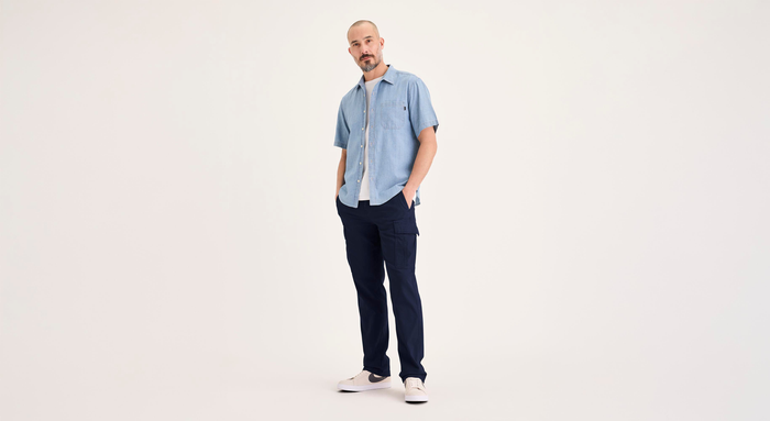 Front view of model wearing Navy Blazer Utility Cargo Pant, Straight Fit.
